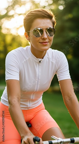 Obraz na płótnie Woman enjoying a summer bicycle ride in the park at sunset w salonie