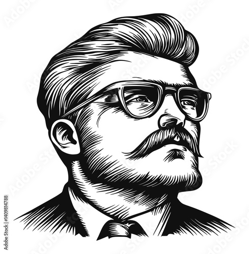 Vintage Style Woodcut Portrait of a Dapper Gentleman with Glasses
