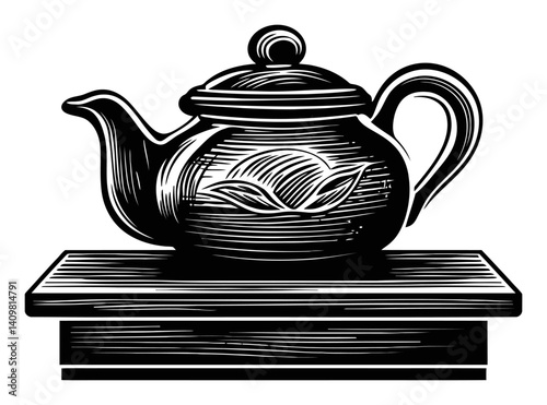 Elegant Black and White Woodcut of Tea Pot on a Wooden Base
