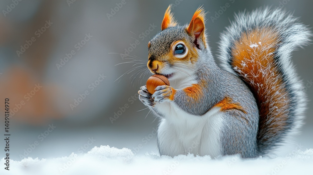 Obraz premium Cute squirrel eating nut in snow