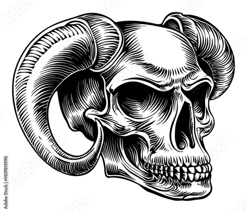 Detailed Black and White Skull with Horns Woodcut Illustration