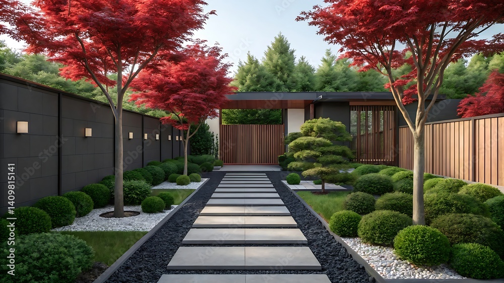 Fototapeta premium Modern Zen garden design with red maple trees and stone pathway.