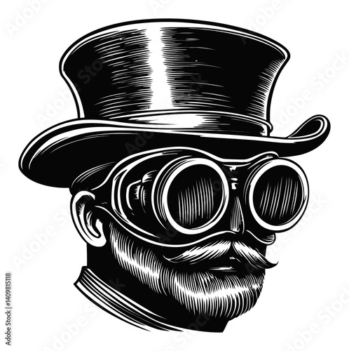 Vintage Man with Top Hat and Goggles in Woodcut Style Artwork