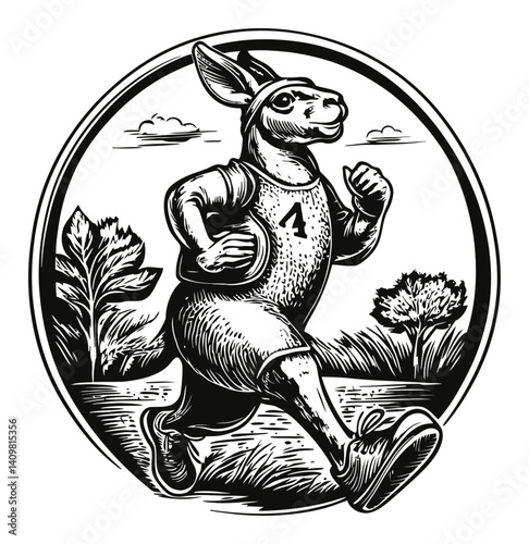 Energetic Rabbit Running in Woodcut Style Illustration for Design