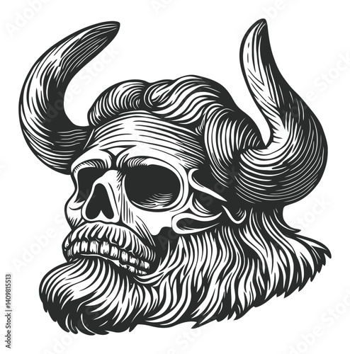 Detailed Black and White Woodcut of a Horned Skull with Beard