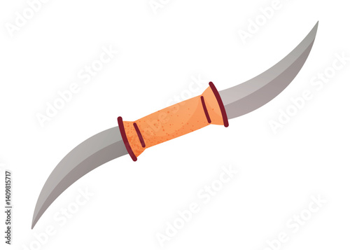 Cartoon Tribal Double Edged Knife with Curved Blades. Ancient Hunting Weapon with Bone Handle. Isolated Vector Illustration for Game, Educational Content, or Cultural Projects