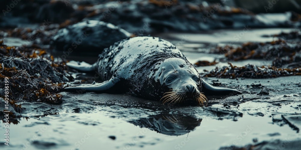 A seal relaxes on the beach among seaweed. The image captures the natural beauty of marine life. It feels calm and serene. Great for nature lovers and wildlife enthusiasts. AI