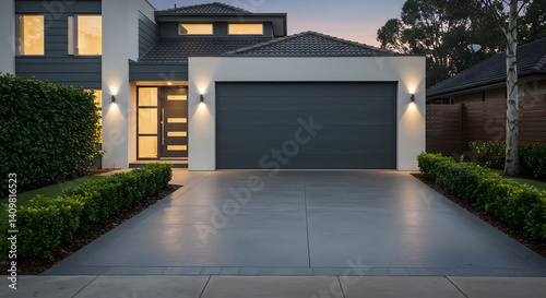 Modern Home Exterior: Twilight Serenity and Sleek Design