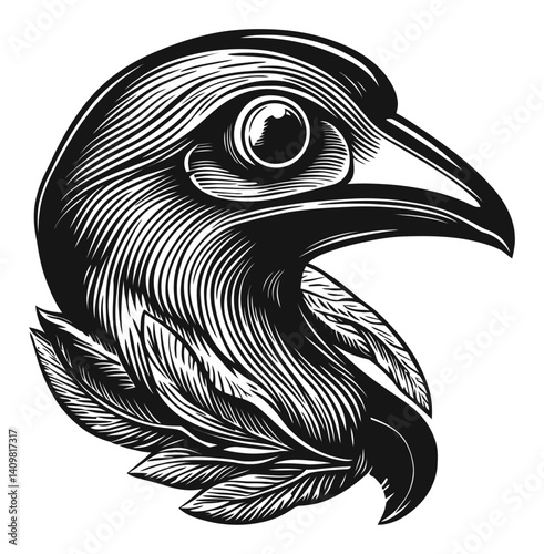 Detailed Black and White Engraving of a Bird with Leaves