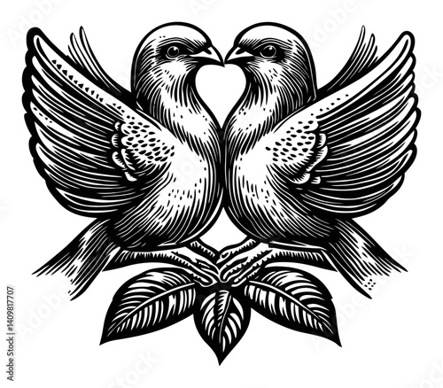 Engraving of Two Birds in Heart Shape with Detailed Feather Design