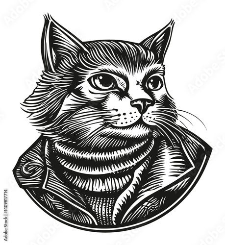 Detailed Engraving of Cat Portrait in Stylish Attire