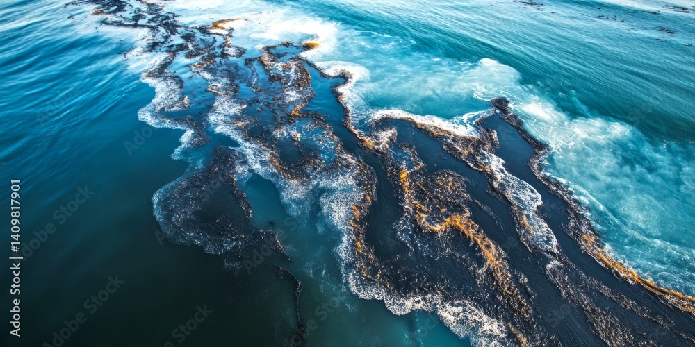 Aerial view of serene ocean waters with gentle waves. The scene captures the beauty of nature, inviting calm and reflection. Perfect for peaceful designs or ecological themes. AI