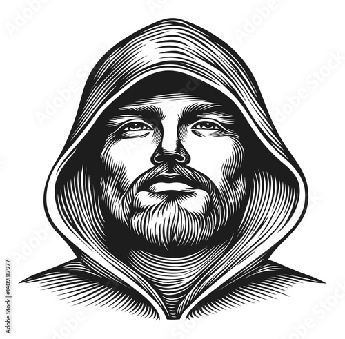 Detailed Engraving of a Mysterious Man with Hooded Cloak