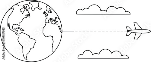 World Travel Line Art, Airplane Flying Around Globe Vector Illustration