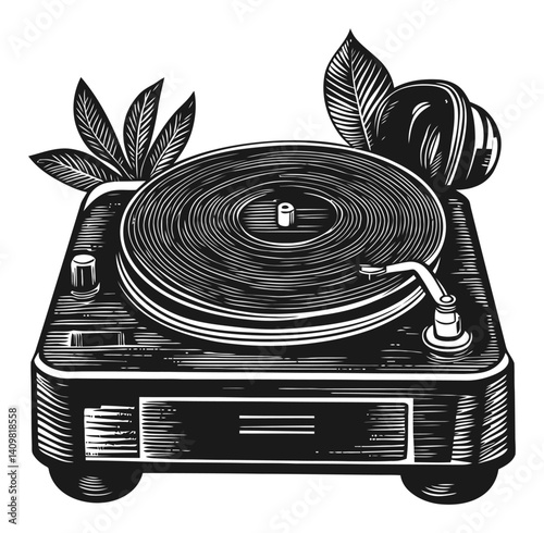 Vintage Engraving of a Turntable with Leaves and Fruit Design