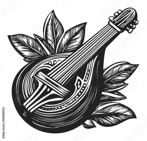 Engraved Mandolin Surrounded by Elegant Leaf Patterns in Black and White