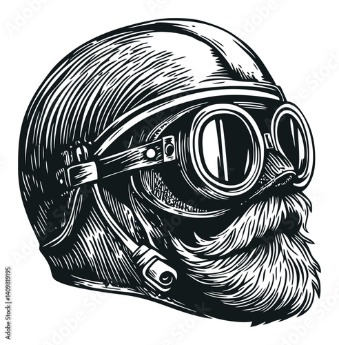 Vintage Engraving of a Man with Goggles and Helmet Profile