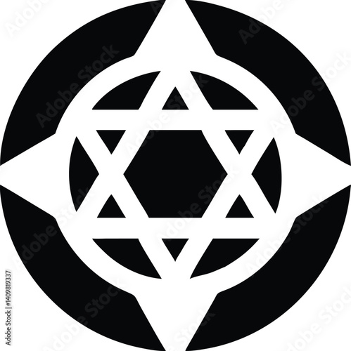 Vector graphic of a stylized Star of David within a circle.