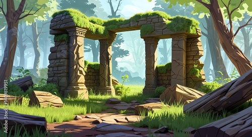 mossy ruins hidden in woods 3d render scene video game concept background illustration digital artwork
