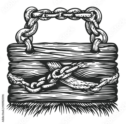 Intricate Engraving of a Vintage Wooden Basket with Chain Handle