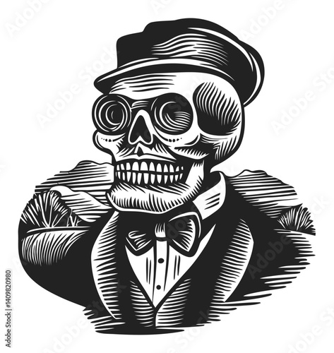 Vintage Engraving of a Skeleton in Formal Attire with Hat