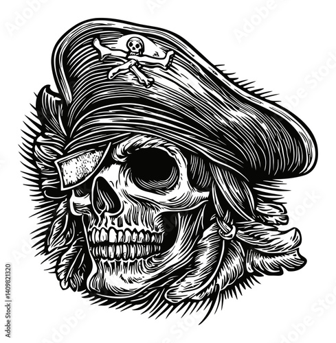 Intricate Pirate Skull Engraving with Hat and Eye Patch Design