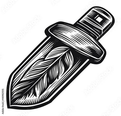 Intricate Wood Engraving of a Decorative Knife with Leaf Design