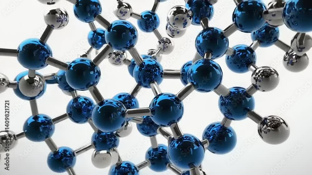3D rendering of a complex molecule structure with blue and silver spheres connected by rods against a white background 3D rendering of a complex molecule structure with blue and silver spheres connected by rods against a white background