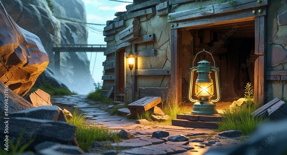 Fototapeta premium abandoned mine dim lantern light 3d render scene video game concept background illustration digital artwork