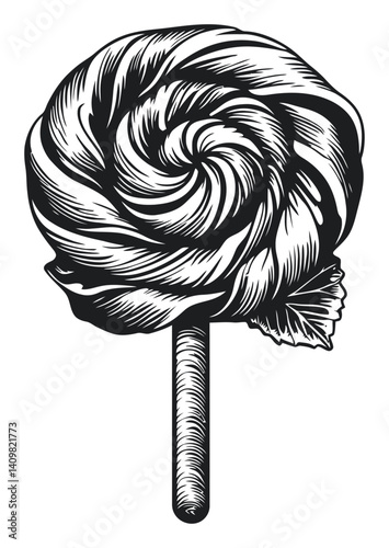 Vintage Engraving of a Swirly Lollipop with Leaf Detail
