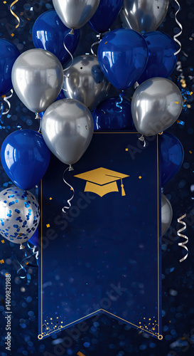 Obraz na płótnie Graduation party celebration banner with blue and silver balloons w salonie