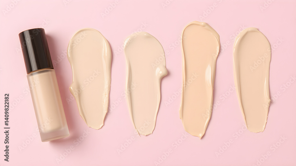 Obraz premium Samples of color correcting concealers Set on pink background. Swatch smears of cream makeup base