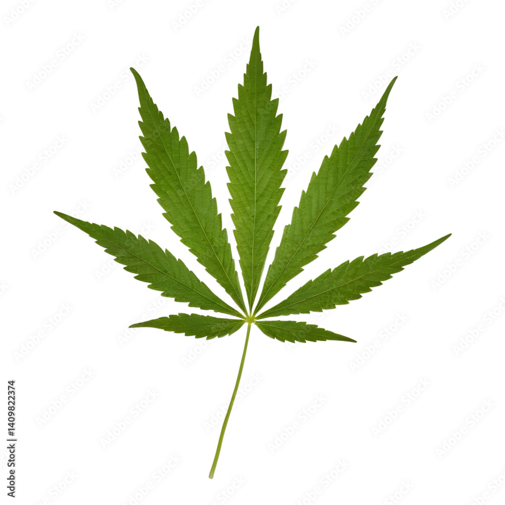 Single marijuana leaf displayed clearly against a white background Single marijuana leaf displayed clearly against a white background