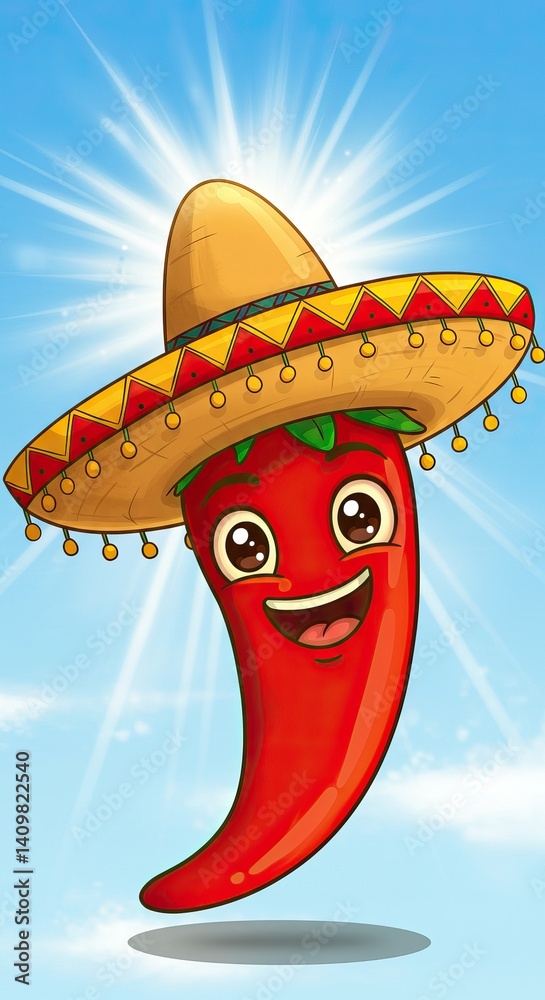 Happy cartoon chili pepper with sombrero on a sunny day