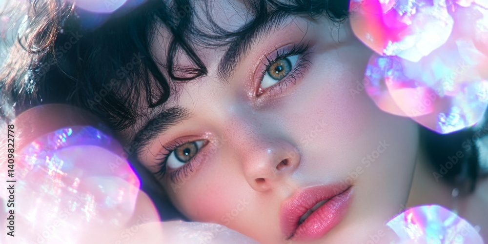 A close-up portrait of a young woman with captivating green eyes. She has soft curls framing her face. The image features colorful crystal-like elements.