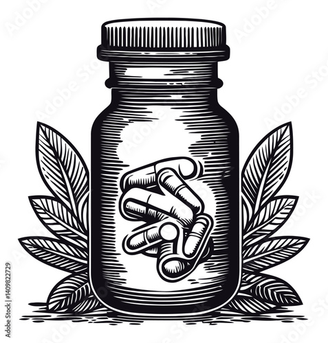 Vintage Engraving of Medicine Bottle with Capsules and Leaves