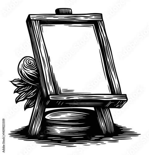 Vintage Engraving of Empty Easel with Decorative Elements