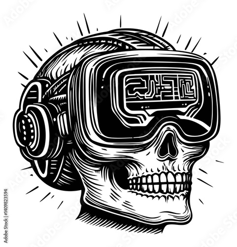 Detailed Engraving of a Skull Wearing Virtual Reality Headset