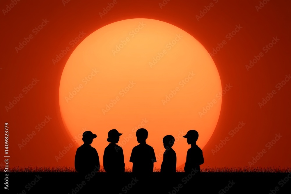 Fototapeta premium A clean visual of a sun rising over a group of smiling figures in silhouette