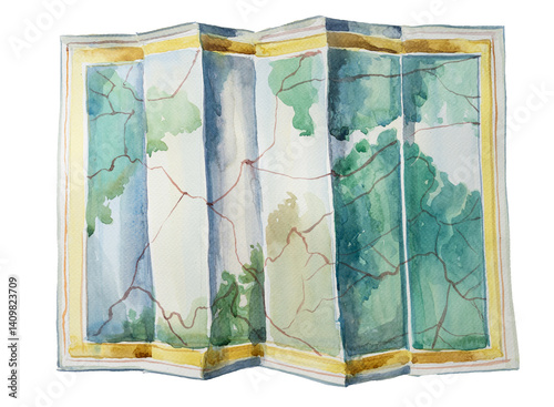An old road map. Travel map hand painted watercolor illustration.