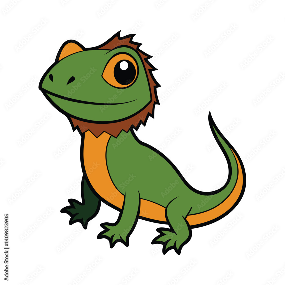 Fototapeta premium Cartoon illustration of a cute green lizard with orange details.