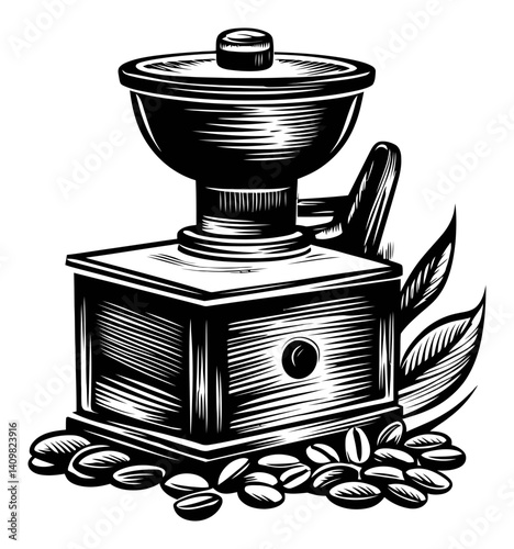 Vintage Coffee Grinder Engraving with Coffee Beans and Leaves Design