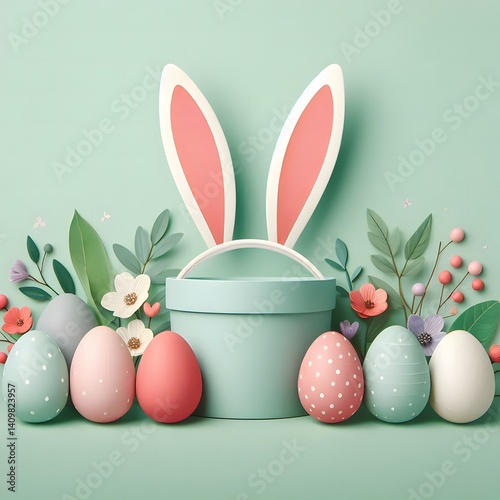 Playful Easter flat lay featuring pastel-colored eggs, bunny ears, and delicate floral decorations set against a mint green background, evoking a cheerful spring celebration
