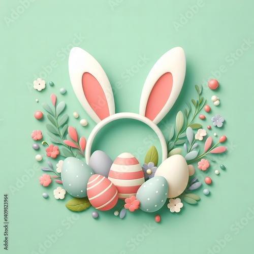 Playful Easter flat lay featuring pastel-colored eggs, bunny ears, and delicate floral decorations set against a mint green background, evoking a cheerful spring celebration