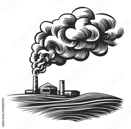 Vintage Engraving of Factory Emitting Smoke in Scenic Landscape