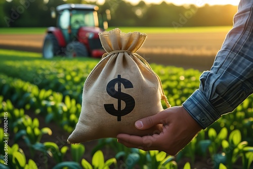 Agricultural finance, burlap money bag with dollar sign, farmer's hand, lush green crop field, red tractor in background, sunlit farm landscape, rural economy, farming investment, agricultural subsidy