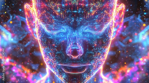Mindscape Visualization: An intricate and captivating digital artwork features a human face enveloped in a vibrant explosion of colors, suggesting consciousness and the depths of the mind.