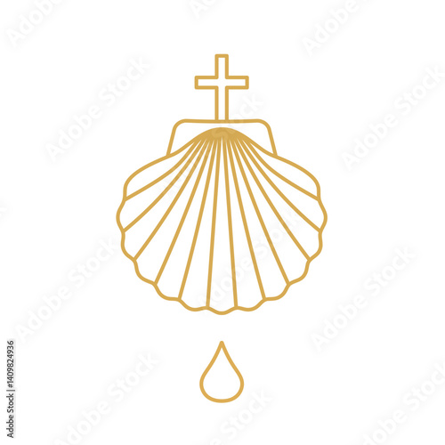 golden baptismal shell with drop of holy water; ideal for Christian baptism invitations, religious ceremony programs, and faith-themed graphic projects- vector illustration
