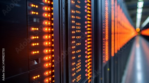 Complex electronic device closeup with orange lights