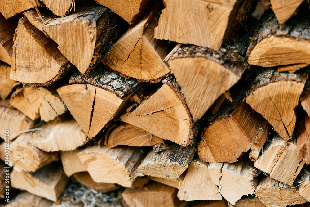 stack of firewood with 'wood' sign in front of wall of firewood, ready for winter stack of firewood with 'wood' sign in front of wall of firewood, ready for winter
